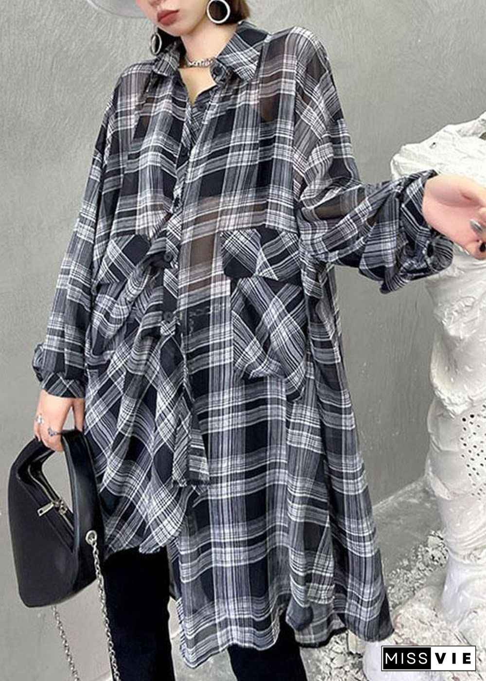 Women Black Plaid Summer Asymmetrical Long sleeve Chiffon shirt