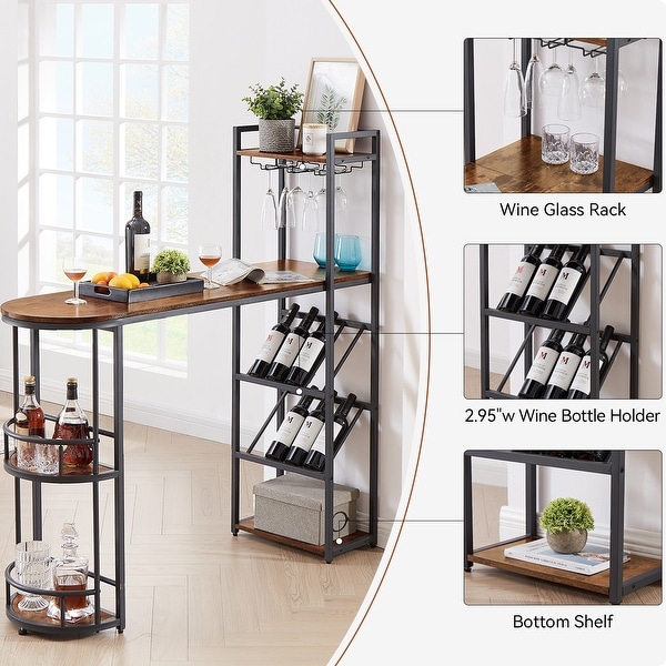 Bar Table and Stool Set with 2 Bar Stools and Bottle Holder， Multifunctional High Bar Table with Space for 8 Bottles and 9 Glasses