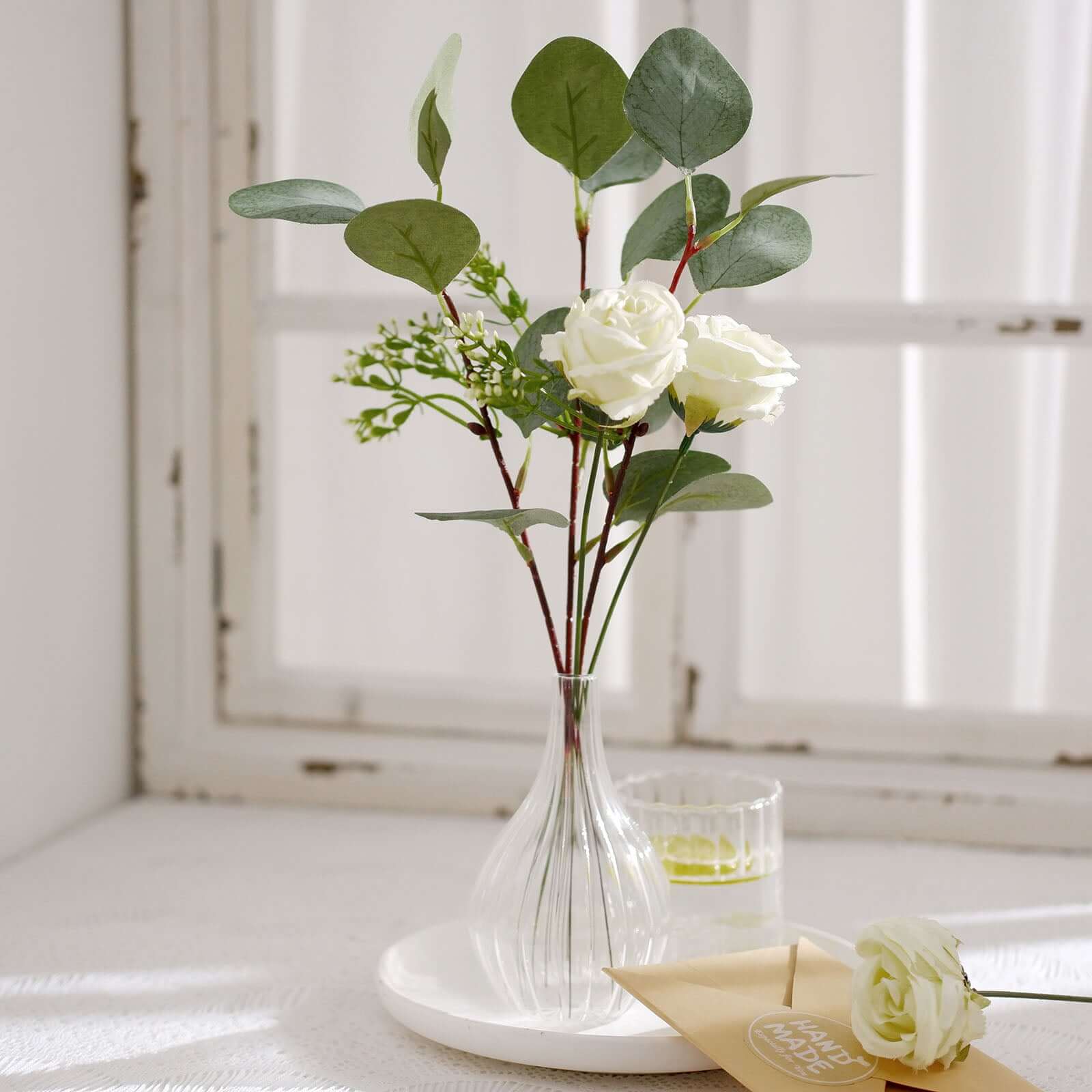 Ivory Artificial Silk Rose and Eucalyptus Flower Bouquet Arrangement 15