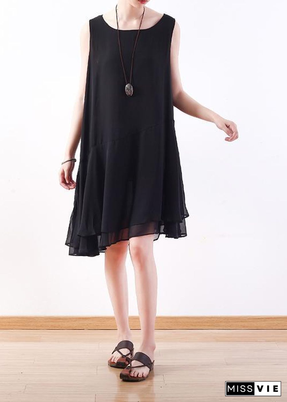 Italian black Chiffon outfit Korea linen sleeveless A Line summer Dresses