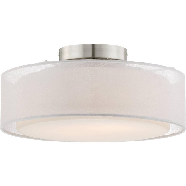 Wide Satin Nickel 2 light Sheer White Fabric Opal Glass Drum Shade For Bedroom