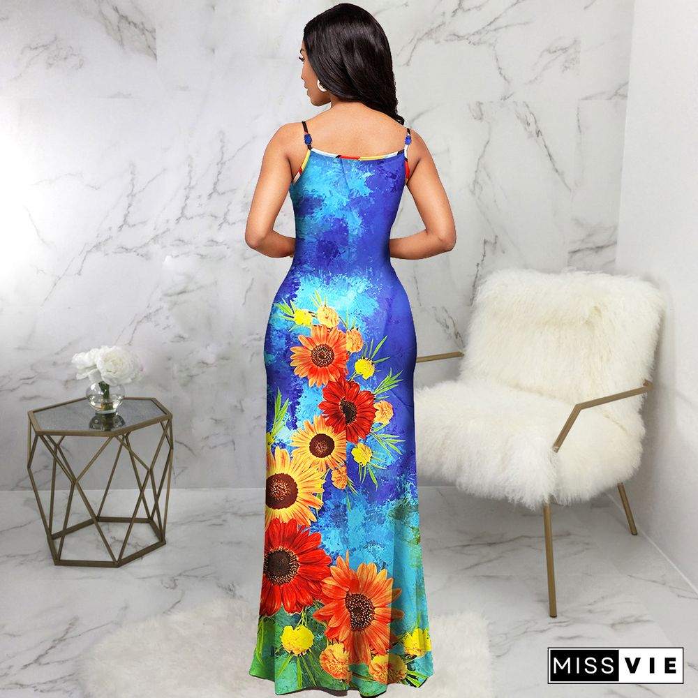 Summer Casual Sunflower Print Sleeveless Spaghetti Straps Beach Evening Party Slim Maxi Dress