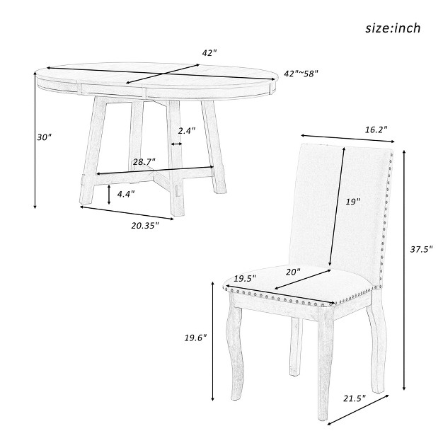 5 Pcs Round Wood Extendable Dining Table Set With 4 Upholstered Dining Chairs