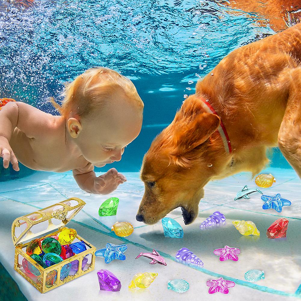 24pcs Diving Toy Set Baby Bath Tub Toys For Swimming Pool Bathtub Beach Marine Animal Toy Diamond Gem Toy With Pirate Box