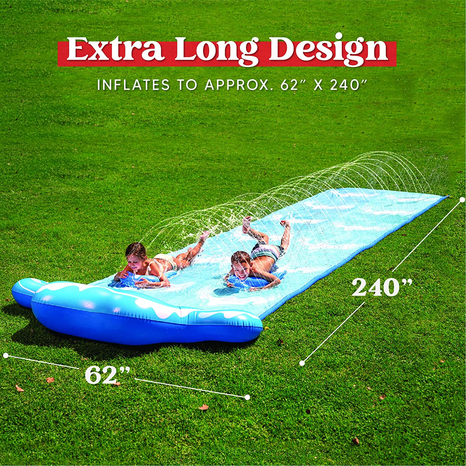 Lavinya 20ft Slip and Slide 2 Person Blue Wave Water Slides with 2 Boogie Boards Porch Waterslide 2 Sliding Racing Lanes with Sprinklers Summer Toy 20ft x 62in