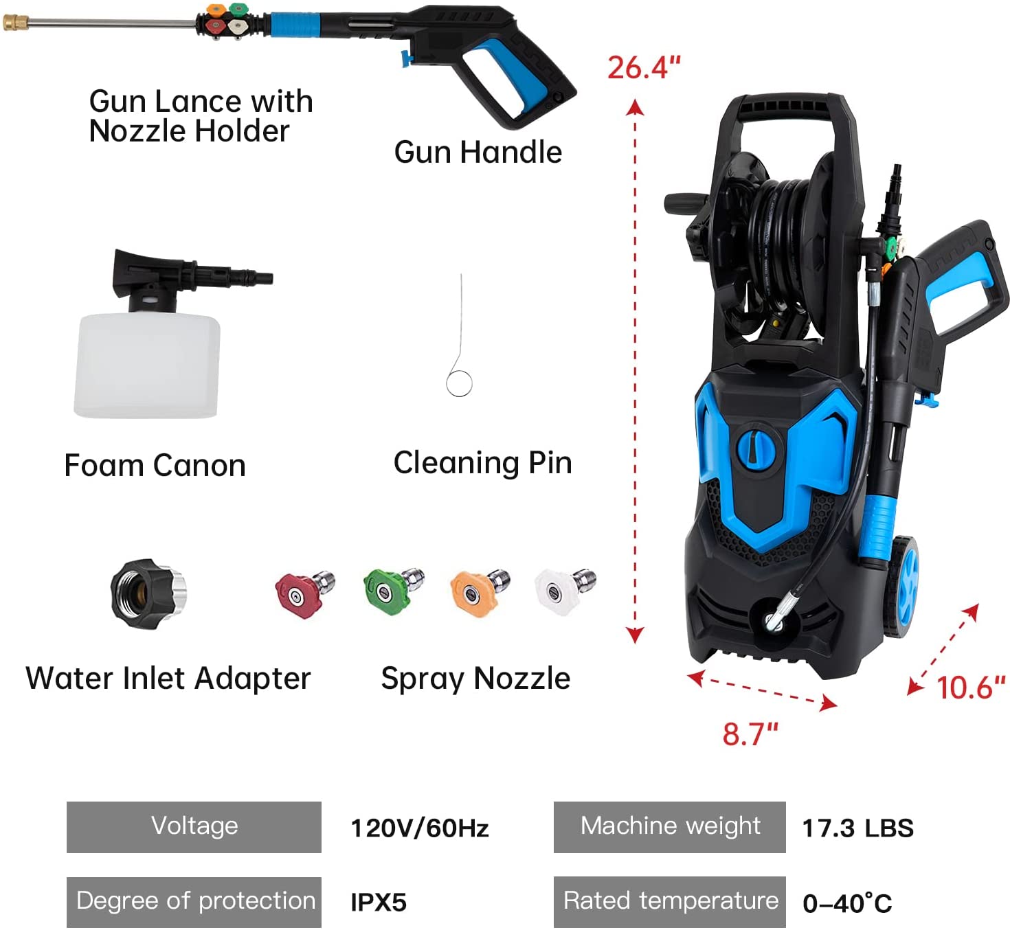 FDW Pressure Washer 1958PSI 1.85Gpm Max Power Washer 1650W IPX5 Electric Pressure Washer with Adjustable Nozzle Foam Cannon, Blue Wheels