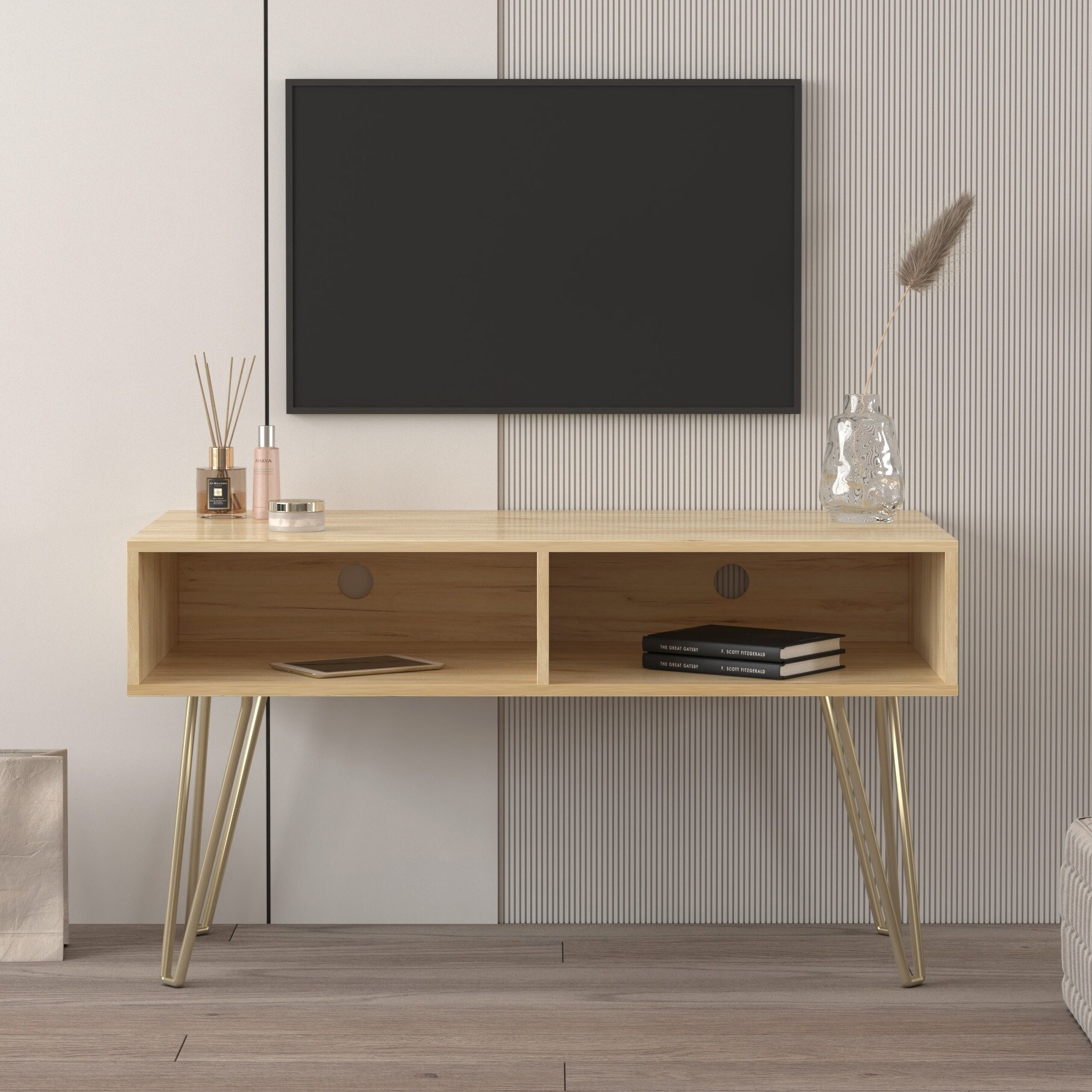 42 inch Modern Simple Small TV Stand with 2 CabinetandGolden Metal Legs