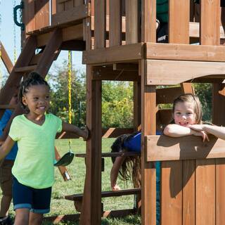 Swing-N-Slide Playsets Elkhorn Ready-To-Assemble Outdoor Wooden Playset with Slide Rock Wall Swings and Backyard Swing Set Accessories WS 8357