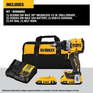 DW 20V MAX Lithium-Ion Cordless Brushless 12 in. Drill Driver Kit with (2) 2.0Ah Batteries Charger and Bag DCD800D2