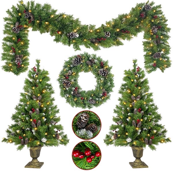 Prelit Xmas Tree Artificial Christmas 4Piece Set，Garland，Wreath and Set of 2 Entrance Trees Xmas with LED Lights