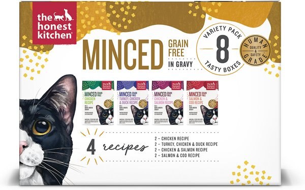 The Honest Kitchen Grain-Free Variety Pack Minced in Gravy Wet Cat Food， 8 count