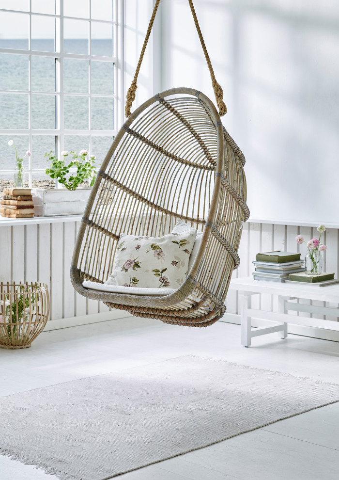 Renoir Rattan Hanging Swing Chair  Taupe Gray  Tempotest White Canvas Cushion   Tropical   Hanging Chairs   by Sika Design  Houzz