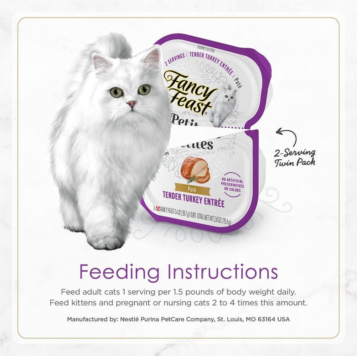 Purina Fancy Feast Gourmet Pate Wet Cat Food， Petites Tender Turkey Entree， 2.8-oz tub， case of 12， 12 count