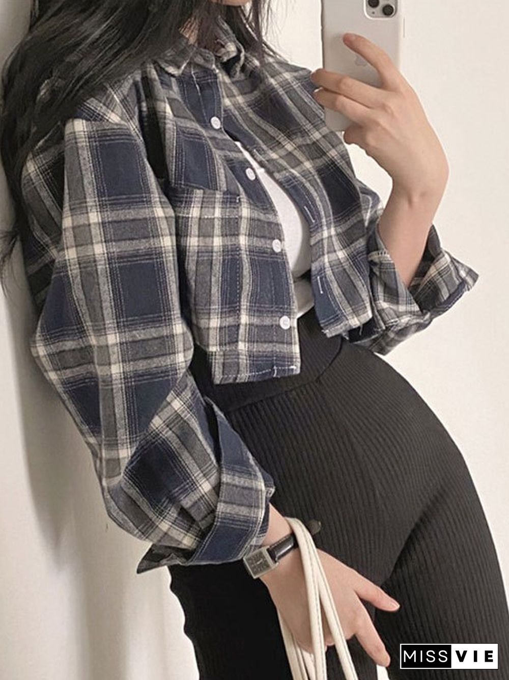 Cropped Long Sleeve Checkered Blouse