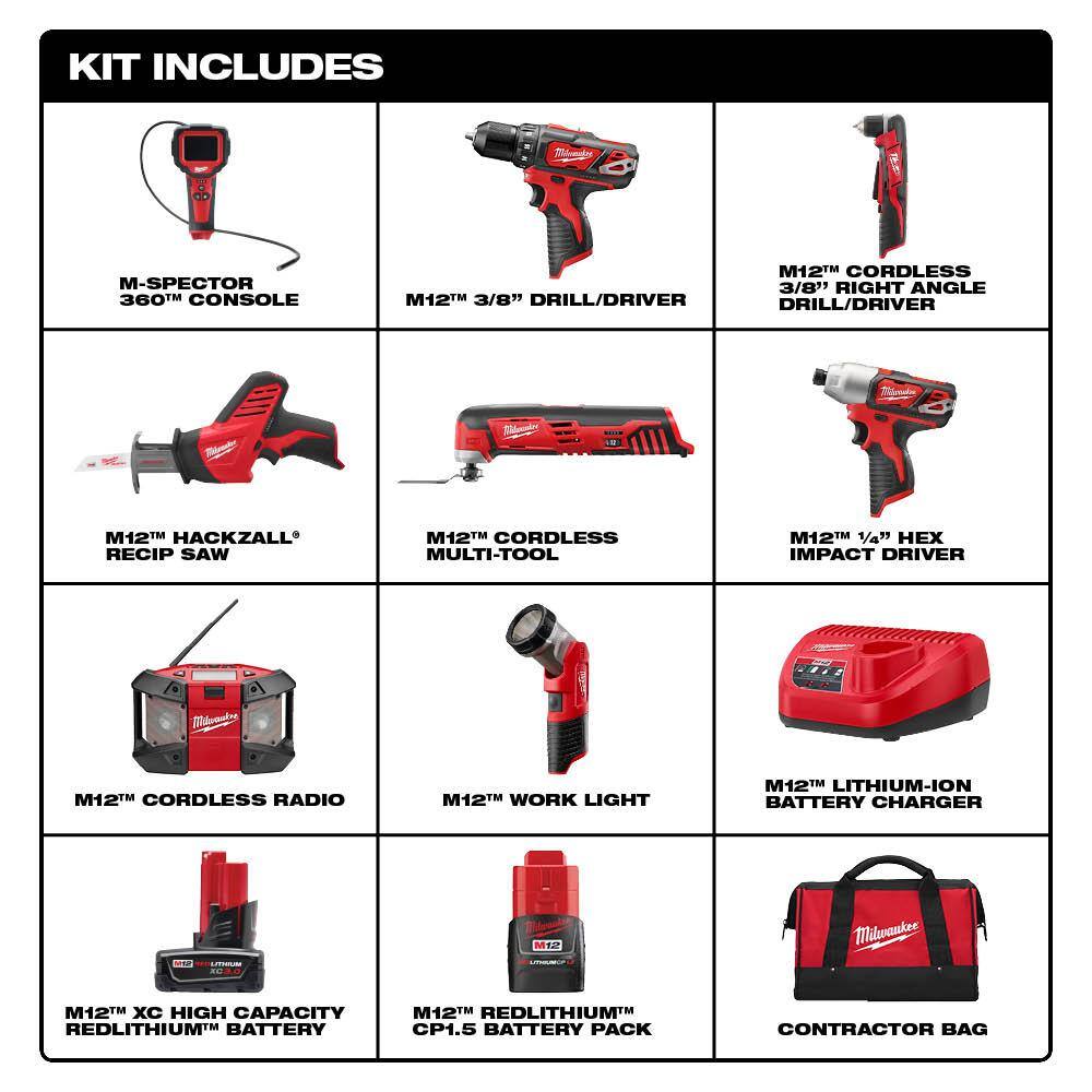 MW M12 12V Lithium-Ion Cordless Combo Tool Kit (8-Tool) w(2) 1.5Ah and (1) 3.0Ah Batteries (1) Charger (1) Tool Bag 2495-28