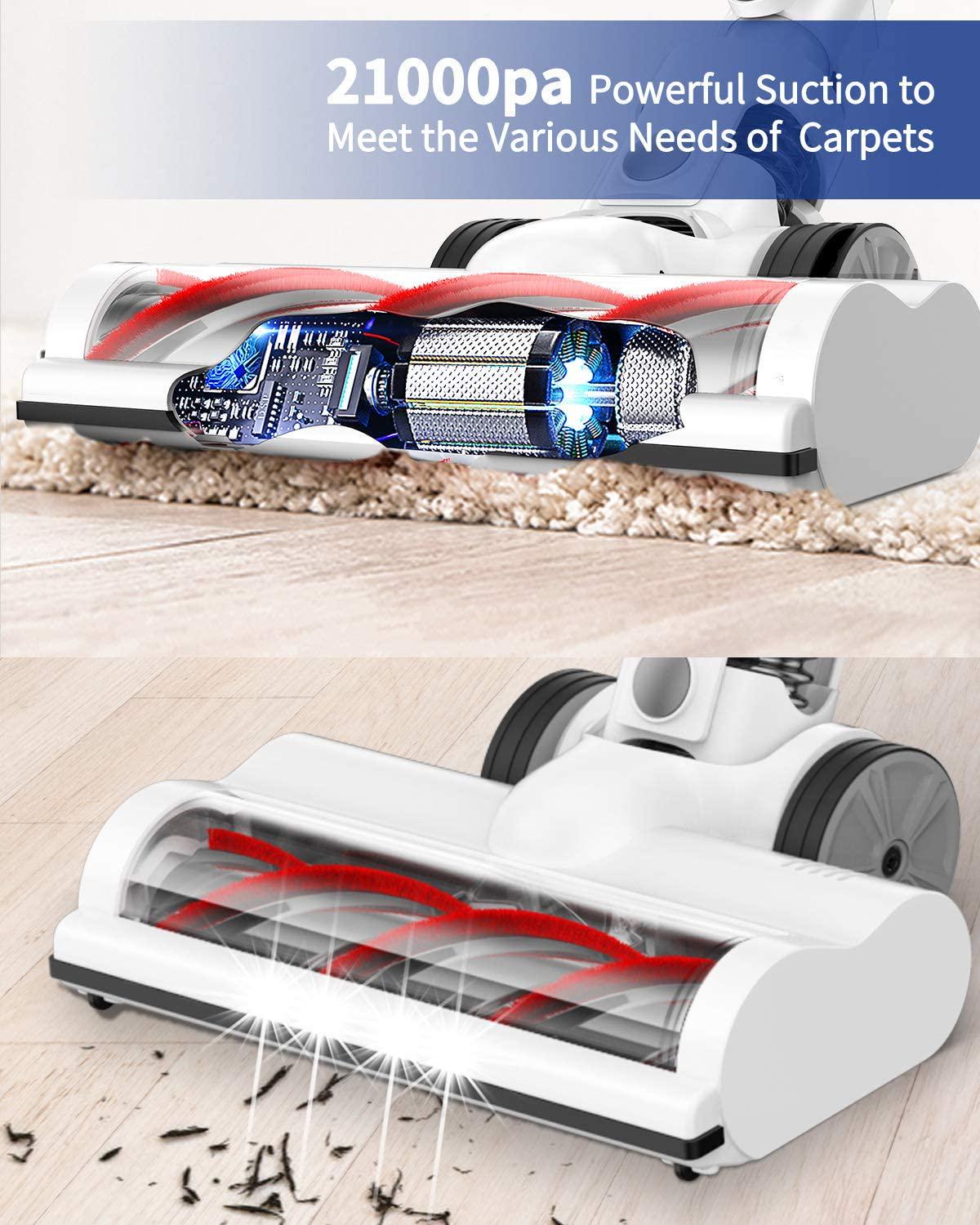 Aposen 21Kpa Stick Vaucum Cleaner， Anti Dust Mites Cordless Vacuum for Hard Floor Carpet， White