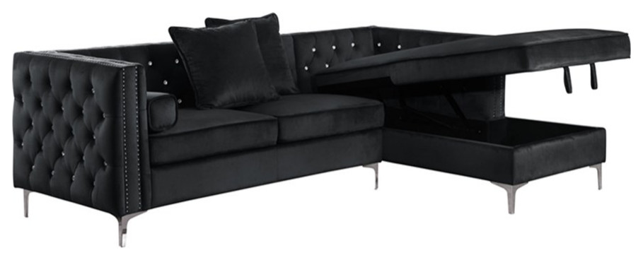 Black Velvet Upholstered Sectional with Storage and Faux Crystal Tufts   Midcentury   Sectional Sofas   by Homesquare  Houzz