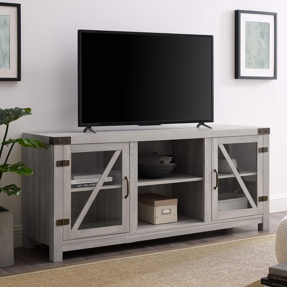 Modern Farmhouse Glass Door TV Stand for TVs up to 65 Inches  58 Inch  Stone Grey  Without Fireplace