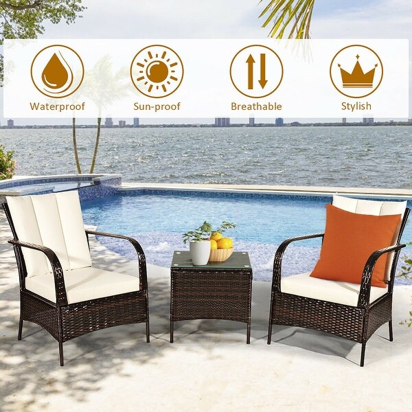 Costway 3 PCS Patio Wicker Rattan Furniture Set Coffee Table and 2