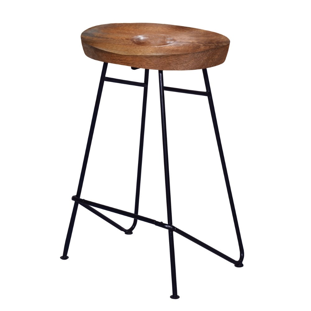 26 Inch Industrial Counter Height Stool， Contoured Mango Wood Seat， Iron， Cafe Brown， Black - Multi