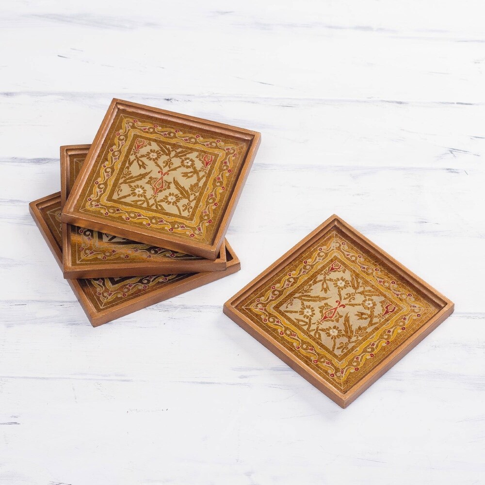 NOVICA Artisan Handblown Reverse Painted Glass Coasters Floral Goldtone Wood Peru Tableware 'Colonial Gold'(Set of 4)