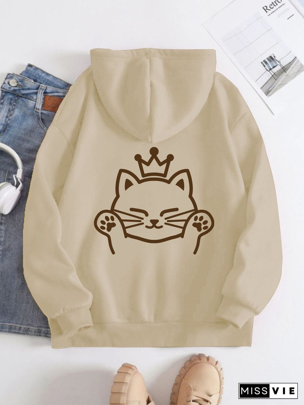 Printed on the Back Kangaroo Pocket Hoodie Long Sleeve for Women Pattern Cat wearing a crown