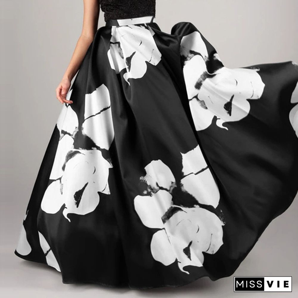 Women Flowers Print Maxi Skirt High Waist Party Elegant Casual Swing Umbrella Long Skirt Plus Size