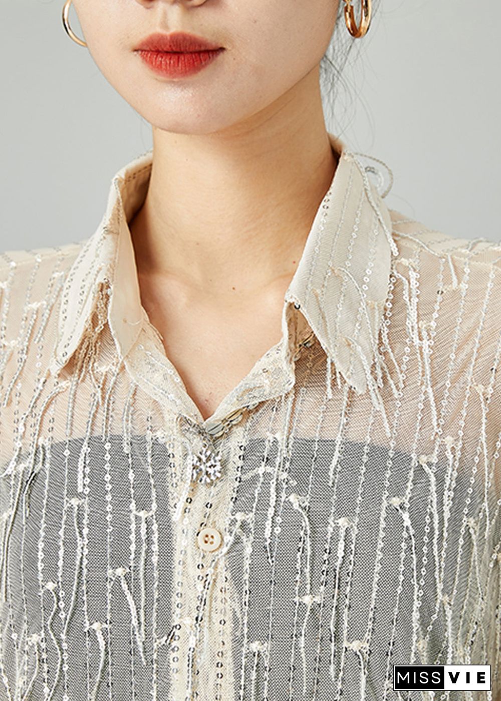 Women Apricot Sequins Tassel Tulle UPF 50+ Shirt Top Summer