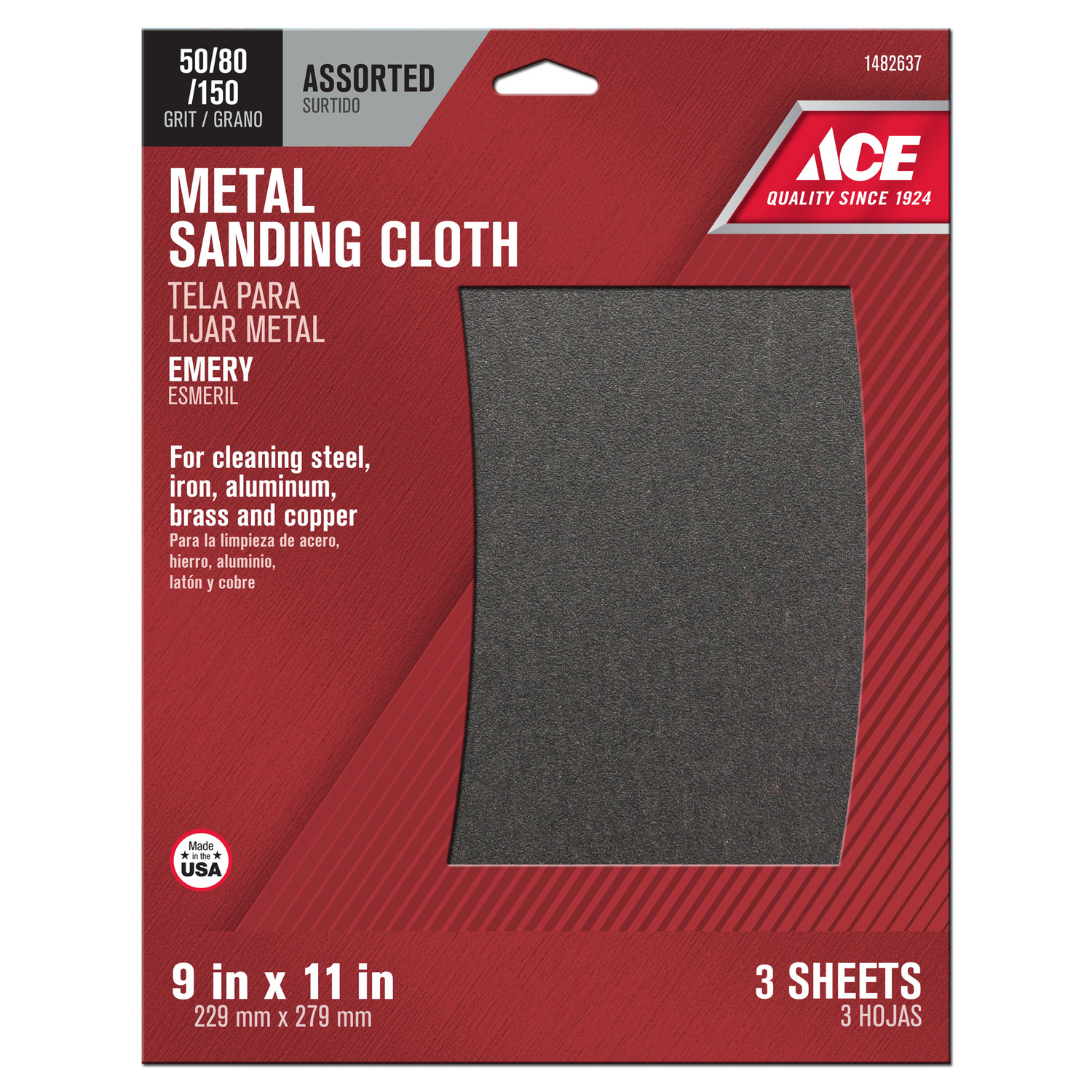 Ace 11 in. L X 9 in. W 50/80/150 Grit Emery Sanding Cloth 3 pk