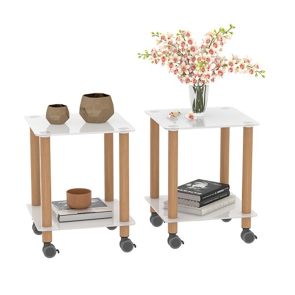 2 Pieces 2-Tier Space Side Table with Glass Tabletop and Metal Legs