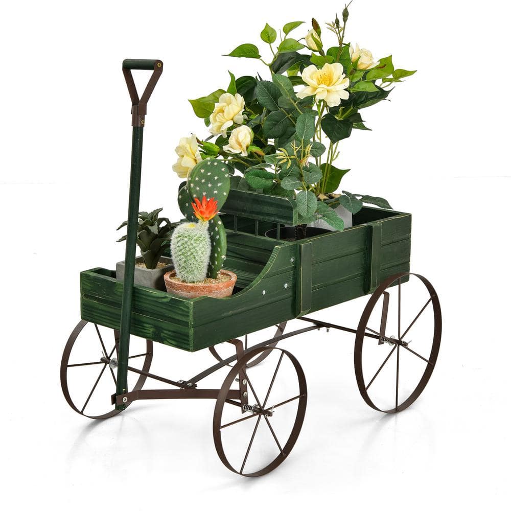 HONEY JOY Wooden Garden Flower Planter Wagon Wheel Plant Bed Decorative Garden Planter for Backyard Garden Green TOPB004890