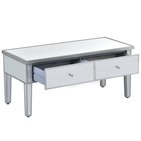 Modern Glass Mirrored Coffee Table with 2 Drawers， Cocktail Table with Crystal Handles and Adjustable Height Legs