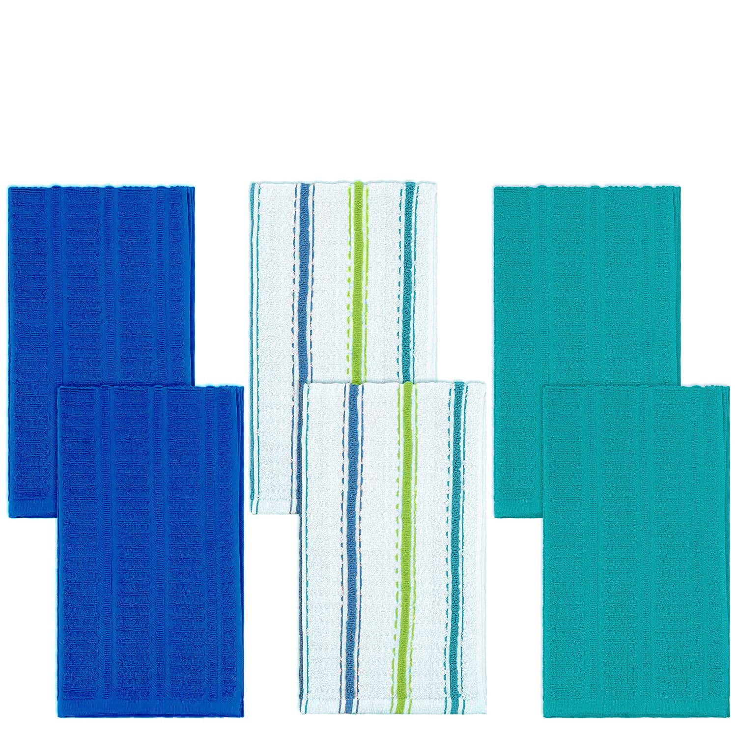 DecorRack 6 Kitchen Towels， 100% Cotton， 16 x 27 inches， White， Navy Blue and Teal， 6 Pieces