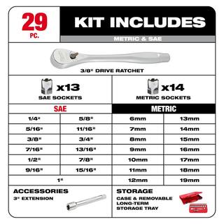 MW 38 in. Drive SAEMetric Ratchet and Socket Mechanics Tool Set (29-Piece) 48-22-9088