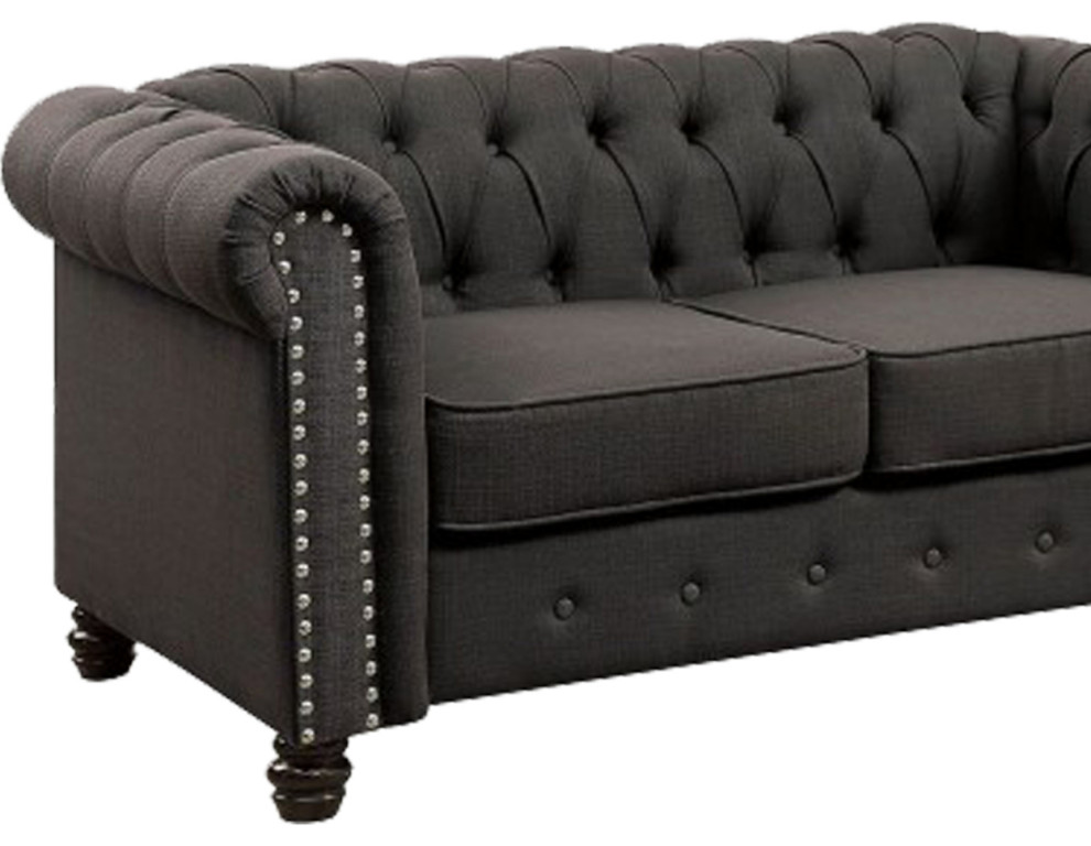 Fabric Upholstered Chesterfield Loveseat With Nailhead Trims Gray  Saltoro   Traditional   Loveseats   by VirVentures  Houzz