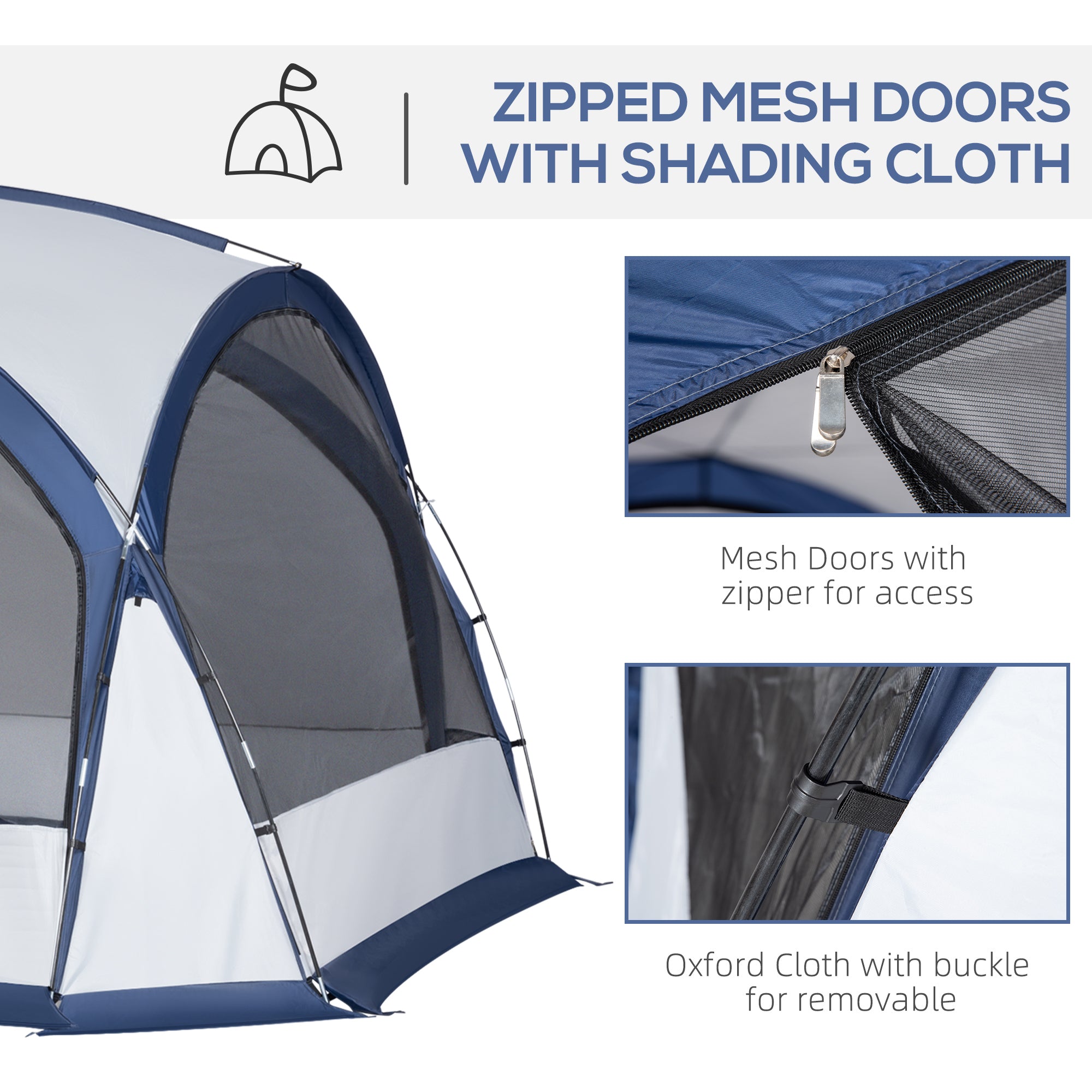 Outsunny 6-8 Person Screen House for Camping， Family Tents Shelter with Portable Carry Bag， Sun Shelter Dome Tent with 4 Zipped Mesh Doors，Stakes， Lamp Hook for Travel， Picnics， White and Blue