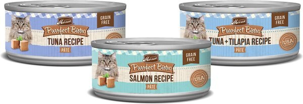 Merrick Purrfect Bistro Tuna， Salmon and Tuna + Tilapia Recipe Variety Pack Grain-Free Pate Canned Cat Food， 3-oz， case of 24