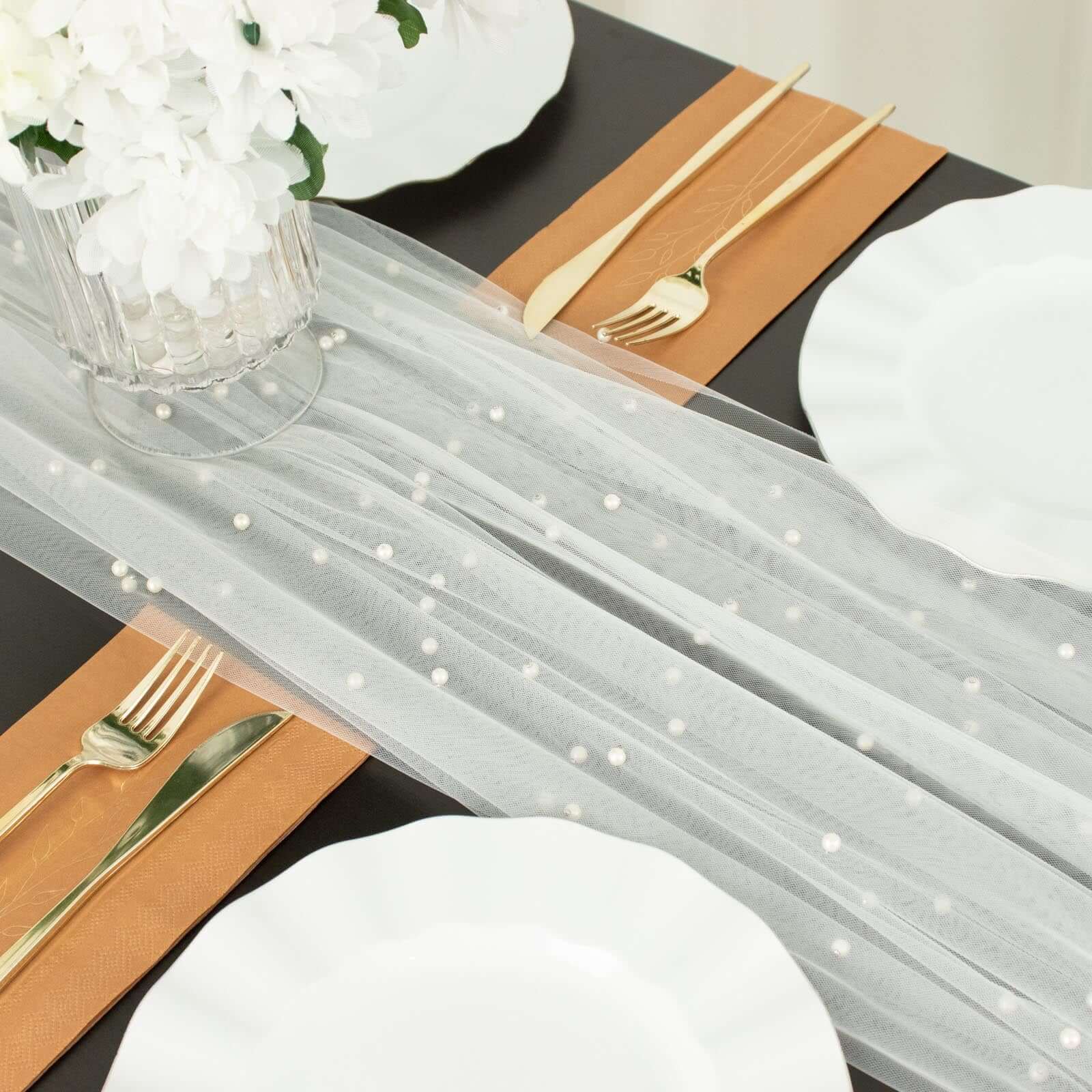 White Pearl Embellished Sheer Tulle Table Runner, Elegant Formal Table Linen 48