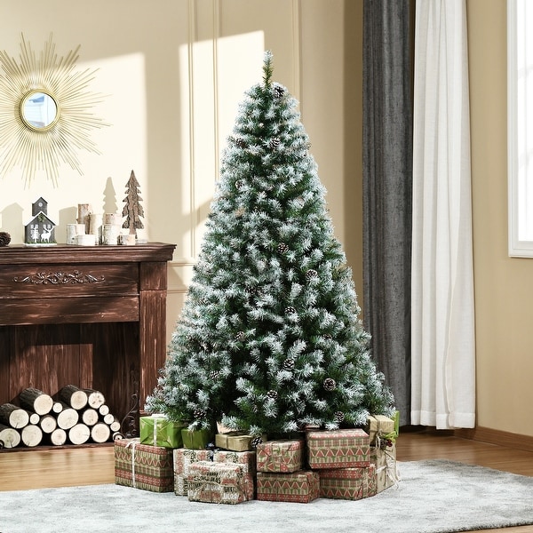 HOMCOM 6 ft. Flocked Christmas Tree with Pine Cones，PreDecorated Christmas Tree with Stand，Fir Christmas Tree