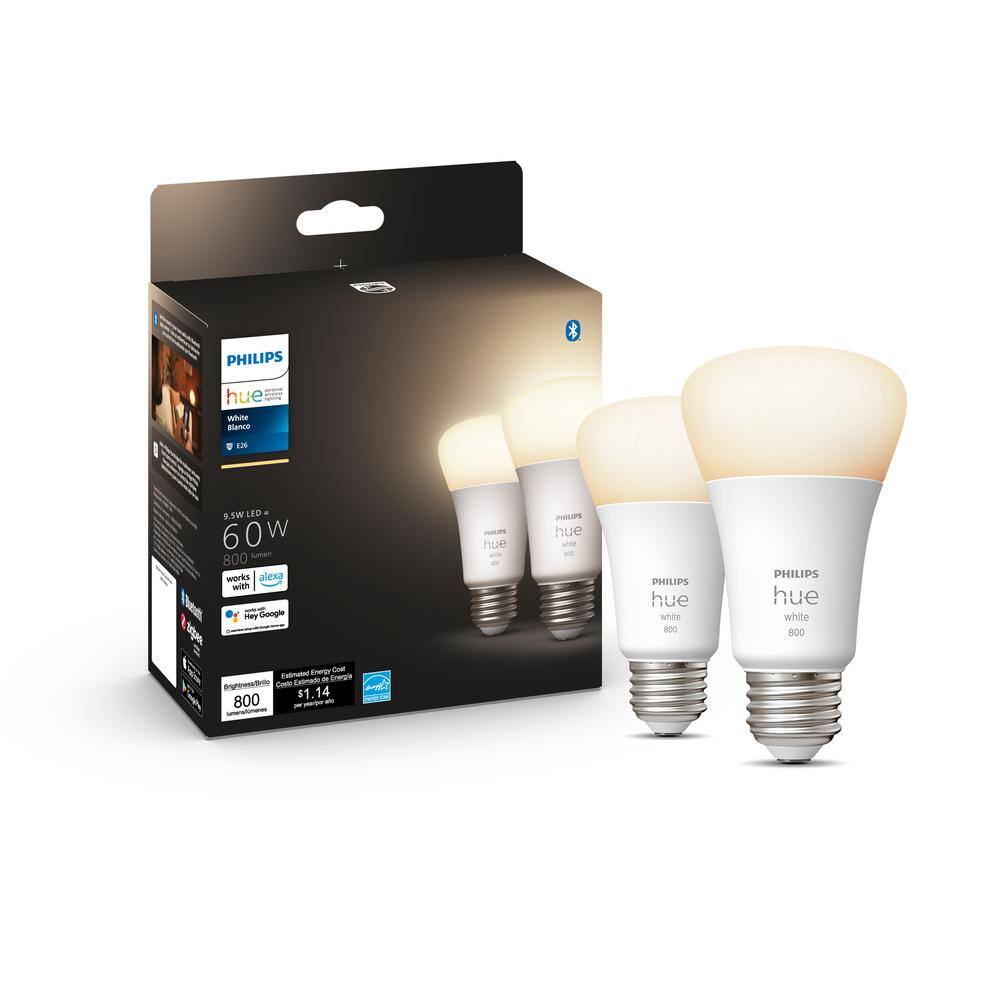 Philips Hue Soft White A19 60W Equivalent Dimmable LED Smart Light Bulb (2 Pack) 476951