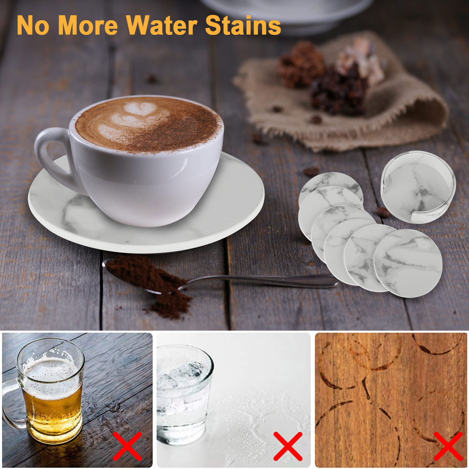 6Pcs Marble Leather Coasters， TSV Leather Coasters with Holder， Non-Slip Coffee Cup Pads， Marble Coasters for Drinks， Round Marble Pattern Mats for Bar Kitchen， White