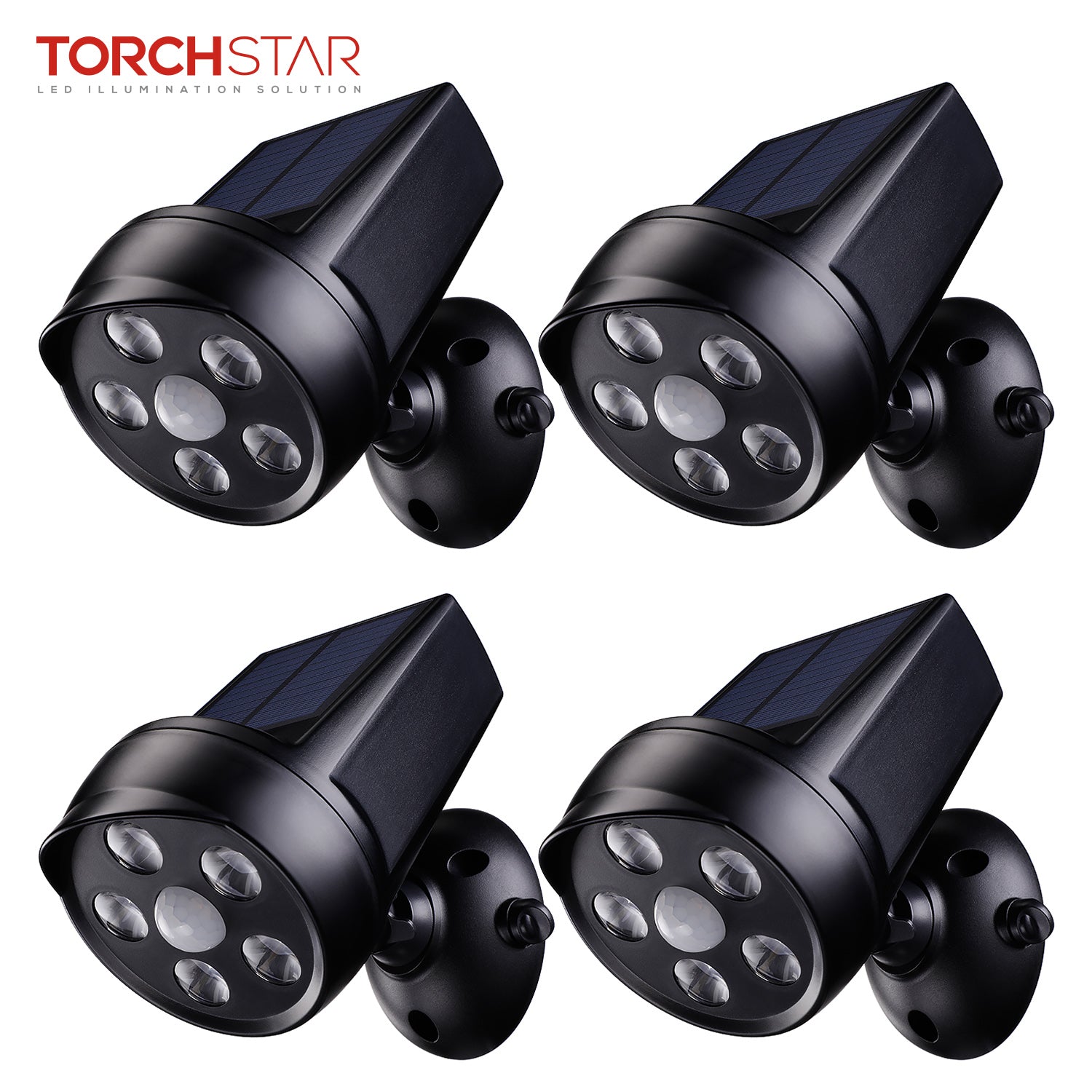 TORCHSTAR 4-Pack LED Solar Motion Sensor Lights， CCTV-Like Wireless Outdoor Wall Lighting， Black