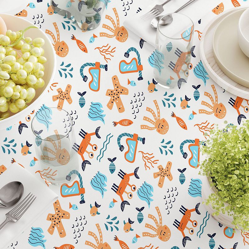 Square Tablecloth， 100% Polyester， 54x54， Hand Drawn Marine Life