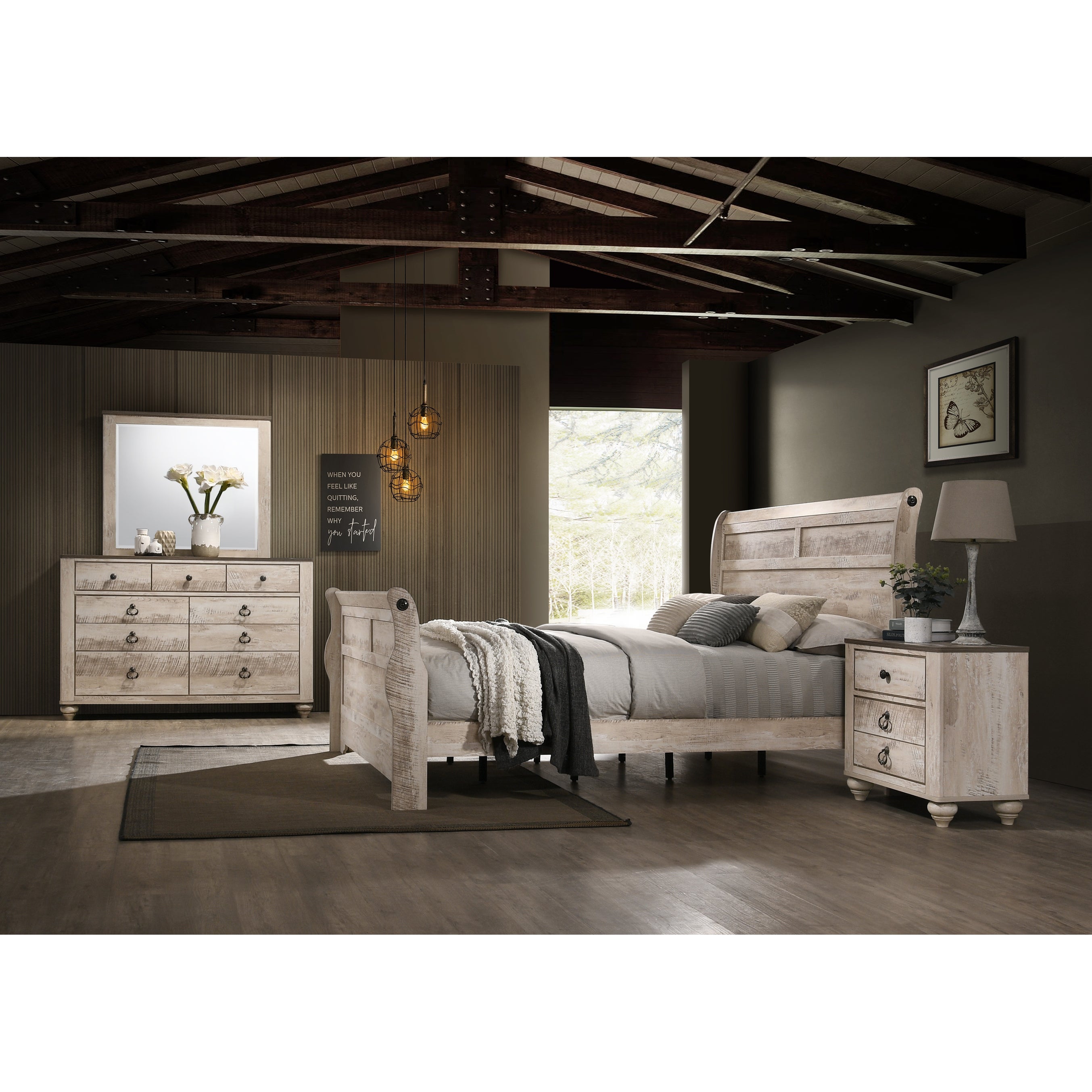 Roundhill Furniture Imerland Contemporary White Wash Finish Bedroom Set with Sleigh Bed， Dresser， Mirror， Nightstand - - 32524445