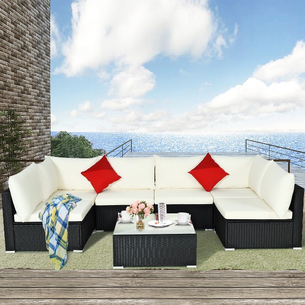 Costway 7pcs Patio Rattan Sofa Set Sectional Conversation Furniture Set Garden Beige Navy red navy Blue