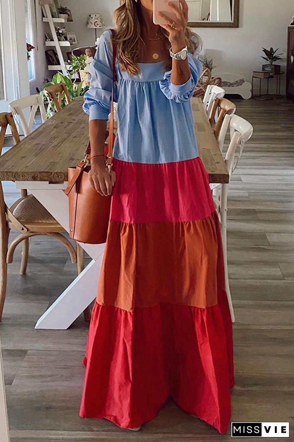 Casual Patchwork Flounce Contrast Square Collar Cake Skirt Dresses