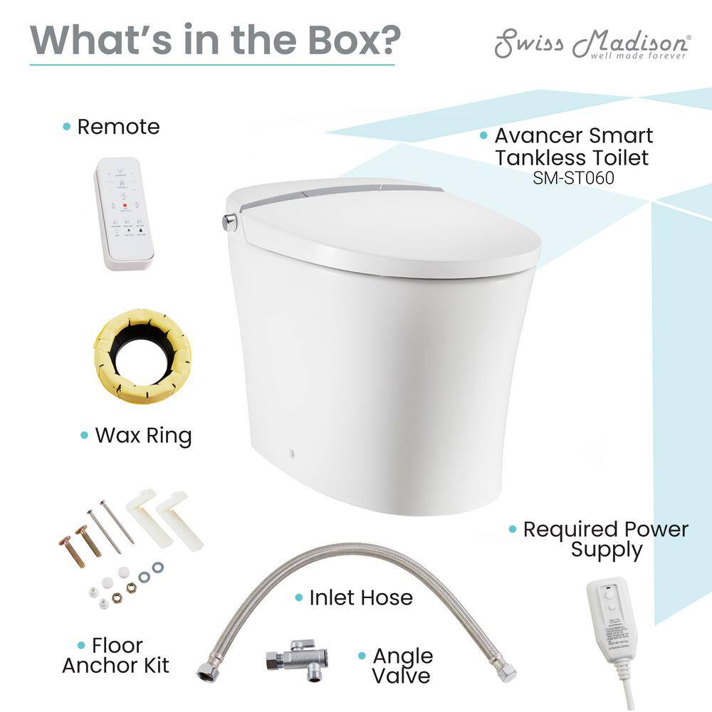 Swiss Madison Avancer Intelligent Tankless 1-piece 1.11.6 GPF Dual Flush Elongated Toilet in White Touchless Vortex Seat Included SM-ST060