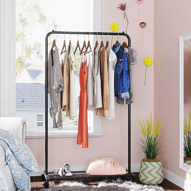 Clothes Rack with Wheels， Garment Rack， with Dense Mesh Shelf， 2 Brakes， Sturdy Steel Frame