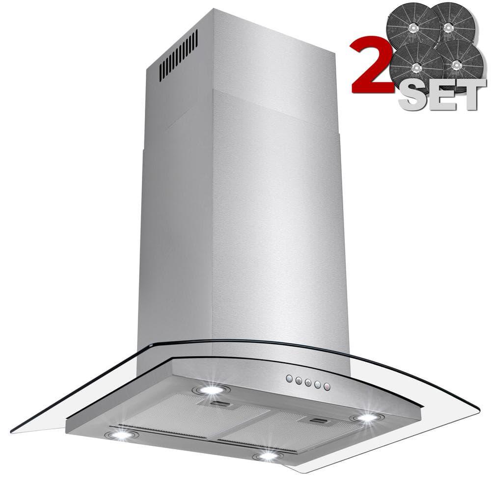 Golden Vantage 30 in 343 CFM Convertible Island Mount Range Hood in Stainless Steel with Glass Touch Control and 2 Set Carbon Filters