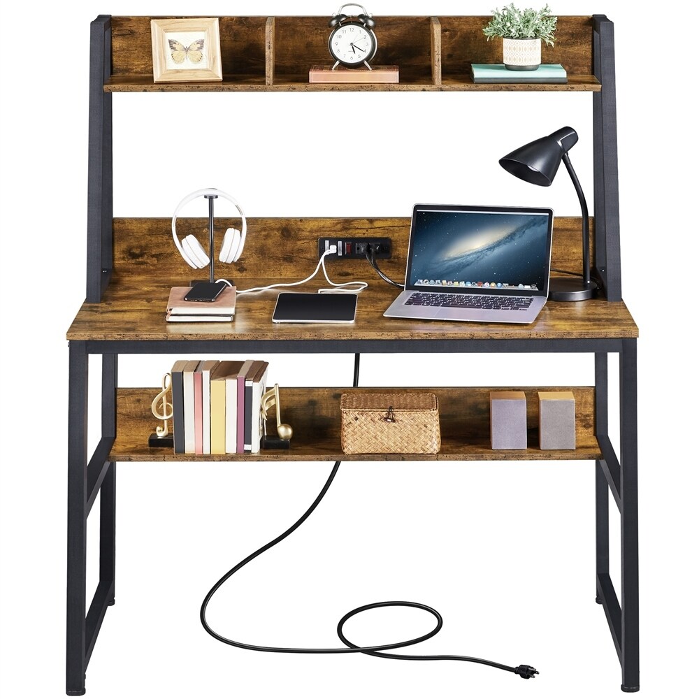 Yaheetech 47.5 inch Home Office Computer Desk with Power Outlet and Elevated Bookshelf